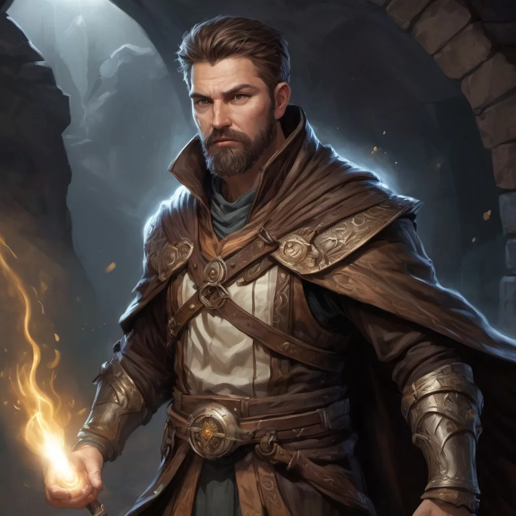 Prompt: Male stocky large mature fantasy-druid with short-cut brown hair and beard, engaged in combat casting a white-light spell inside of a dark dungeon, pathfinder, d&d setting, in a realistic high quality digital art style, enhanced shadow quality, colorful