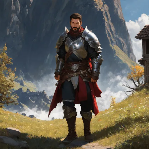 Prompt: (Full body) male rogue with short hair and beard, in rugged armor, exploring a dark fantasy villiage by a mountain, pathfinder, d&d setting, in a detailed digital art style