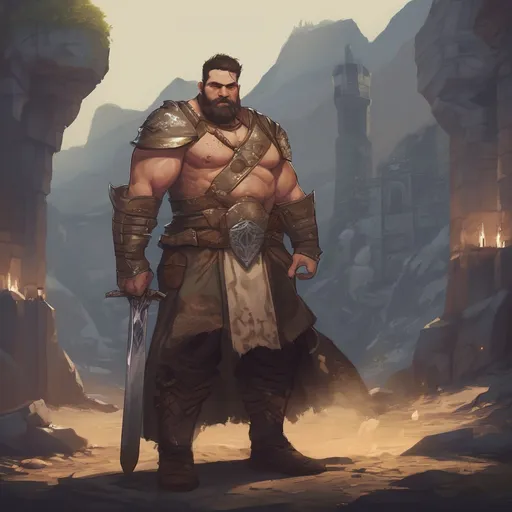 Prompt: (Full body) male stocky large paladin with short hair and beard, big belly, no shirt, dark nature dungeon in background, pathfinder, d&d setting, in a realistic digital art style