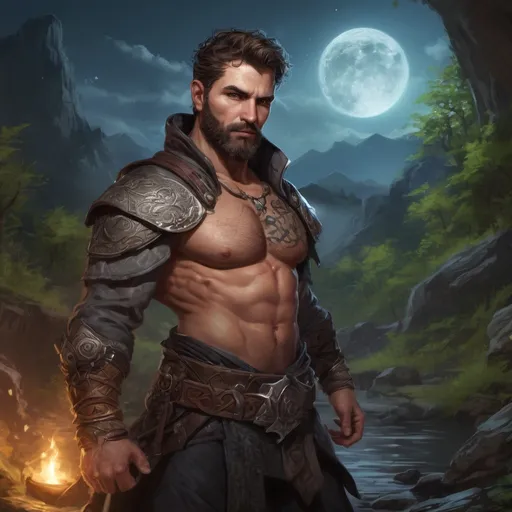 Prompt: male stocky heavy-set Albanian transmuter with short hair and beard,  hairy chest, casting swirly bright spell, in nature at night, pathfinder, d&d setting, in a realistic high quality digital art style