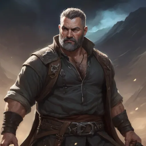 Prompt: (torso) Male stocky large fat beefy 45-year old enchanter with short-cut hair and beard, open shirt hairy chest, in combat casting a magic-spell out of hand in a windy valley at night, pathfinder, d&d setting, in a realistic high quality digital art style, enhanced shadow quality