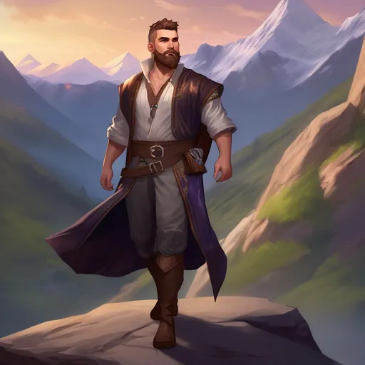 Prompt: (Full body) male stocky magical balance-mage with short hair and beard, open shirt, in dark lit mountain background, pathfinder, d&d setting, in a realistic digital art style