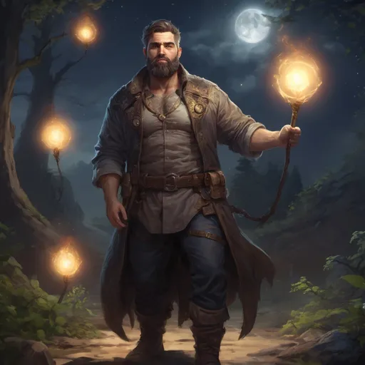Prompt: (Full body) male stocky heavy-set 
transmuter with short hair and beard, hairy chest, casting swirly bright spell, in nature at night, pathfinder, d&d setting, in a realistic high quality digital art style