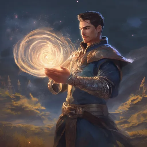 Prompt: (Full body) male stocky young muscular cleric with short-cut hair and a mustache, casting a swirly astral-spell, in nature at night pathfinder, d&d setting, in a realistic digital art style