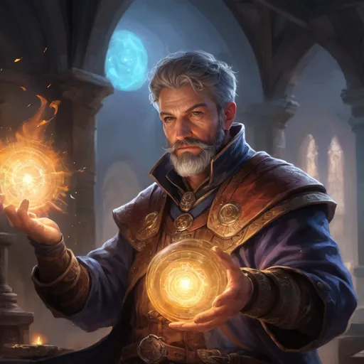 Prompt: Male stocky mature alchemist with short-cut hair and beard, in combat casting magic, inside of an astral magical dimention, pathfinder, d&d setting, in a realistic high quality digital art style, enhanced shadow quality
