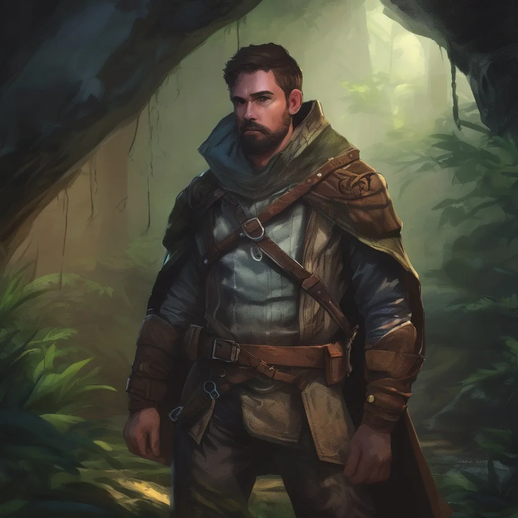 Prompt: (Full body) male stocky handsome arcane-ranger with short-cut hair and beard, in a forest cave at night pathfinder, d&d setting, in a realistic high quality digital art style