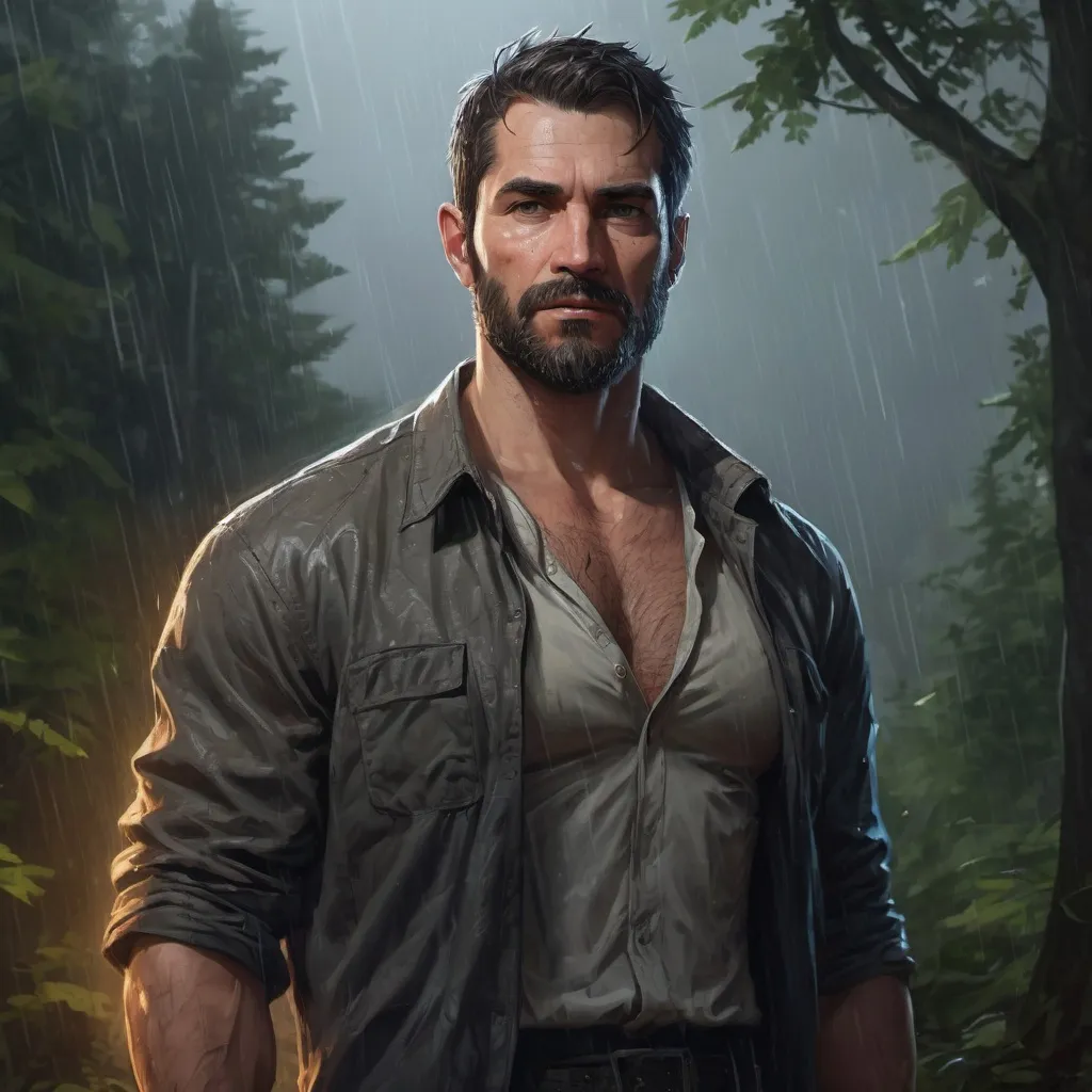 Prompt: Male stocky Muscular large mature investigator with short-cut hair and beard, open shirt, hairy chest, outside of a small forest in the rain at night, pathfinder, d&d setting, in a realistic high quality digital art style, enhanced shadow quality, colorful