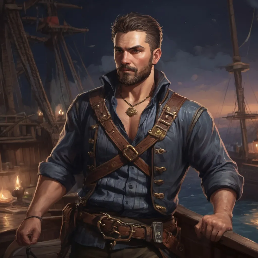 Prompt: (Full body) male stocky heavy-set pirate spy with short hair and beard, on a ship by land at night, pathfinder, d&d setting, in a realistic high quality digital art style