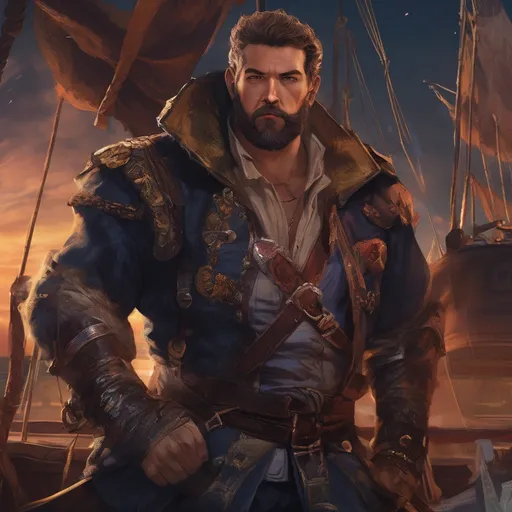 Prompt: (Full body) male handsome large  pirate mage with short hair and beard, on a ship by land at night, pathfinder, d&d setting, in a realistic high quality digital art style