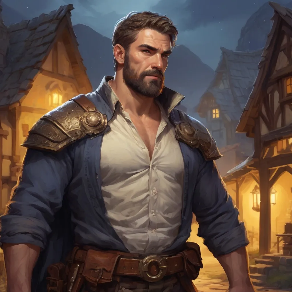 Prompt: Male stocky Muscular large mature paladin with short-cut hair and beard, open shirt, outside of a small fantasy village at night, pathfinder, d&d setting, in a realistic high quality digital art style, enhanced shadow quality, colorful