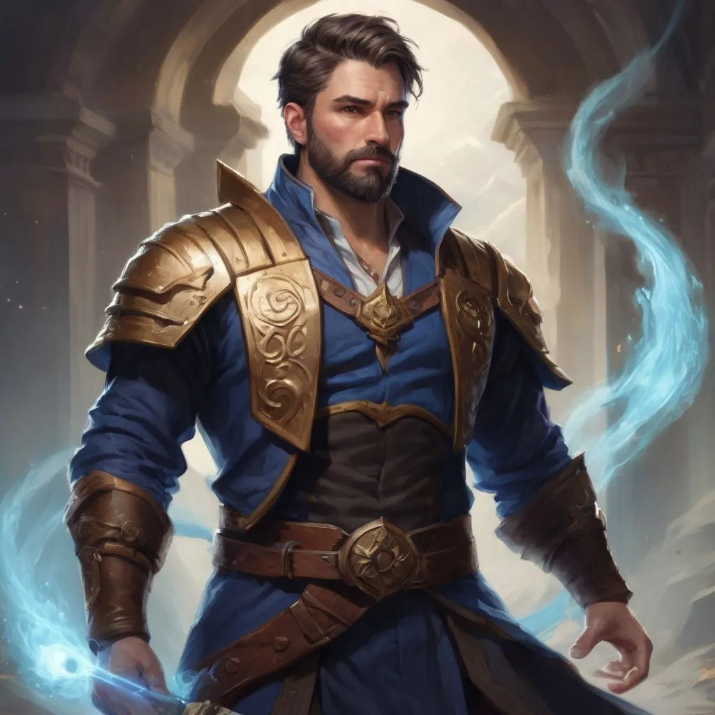 Prompt: male stocky heavy-set royal summoner with short-cut hair and beard, hairy chest, casting swirly bright spell, in windy valley, pathfinder, d&d setting, realistic high quality, enhanced shadow quality