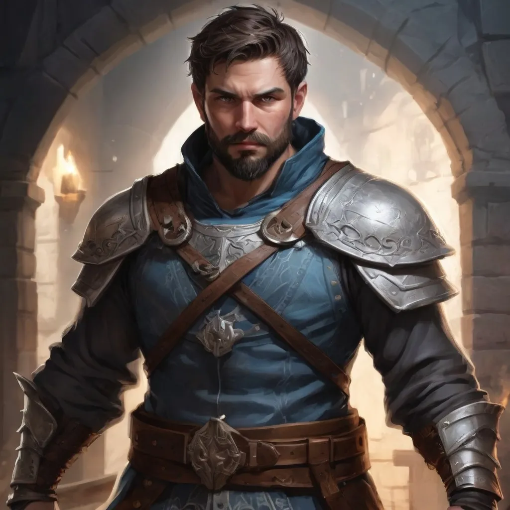 Prompt: (torso) Male stocky large handsome battle-mage with short-cut hair and beard, casting a white-spell inside a dungeon, pathfinder, d&d setting, in a realistic high quality digital art style, enhanced shadow quality