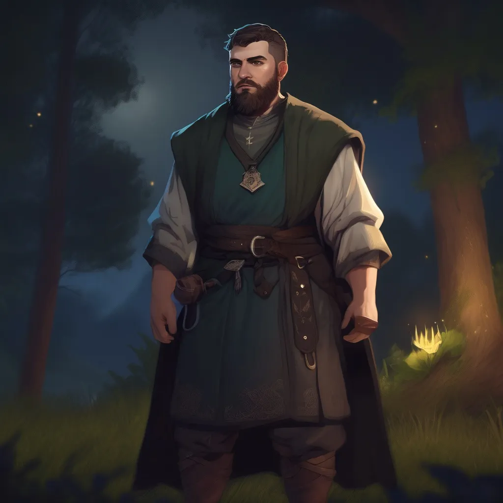 Prompt: (Full body) male stocky magical albanian cleric with short hair and beard, in nature at night, pathfinder, d&d setting, in a realistic digital art style