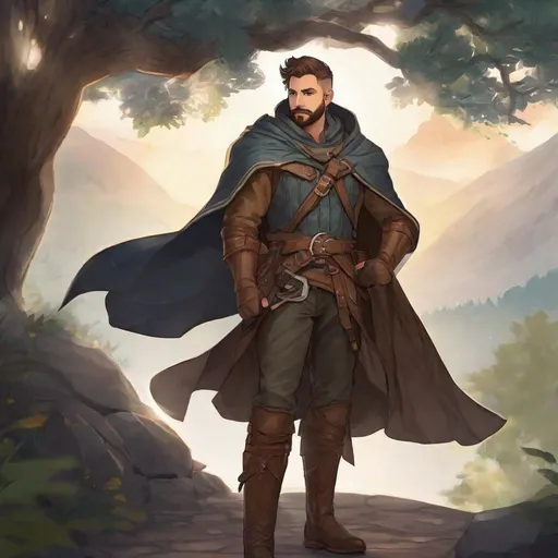 Prompt: (Fullbody) male ranger manly face short-cut hair with grey, short-bearded, leather shirt, open shirt, heavy belt , swirly magic, brown boots, cloak, pathfinder, dungeons and dragons, outside a town by a forest at night, holding a weapon, in a painted style, realistic