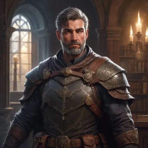 Prompt: Male stocky mature noble marksman, with short hair and beard, in a dark library in a castle, pathfinder, d&d setting, enhanced shadow quality,