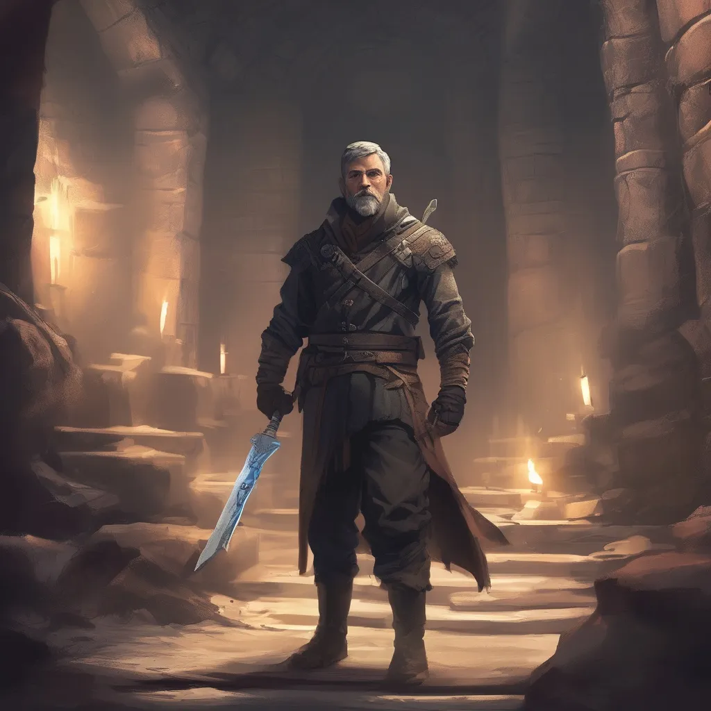 Prompt: (Full body) male sneaky rogue with grey short-cut hair and beard, holding dagger, in a dark underground dungeon temple, pathfinder, d&d setting, in a realistic digital art style