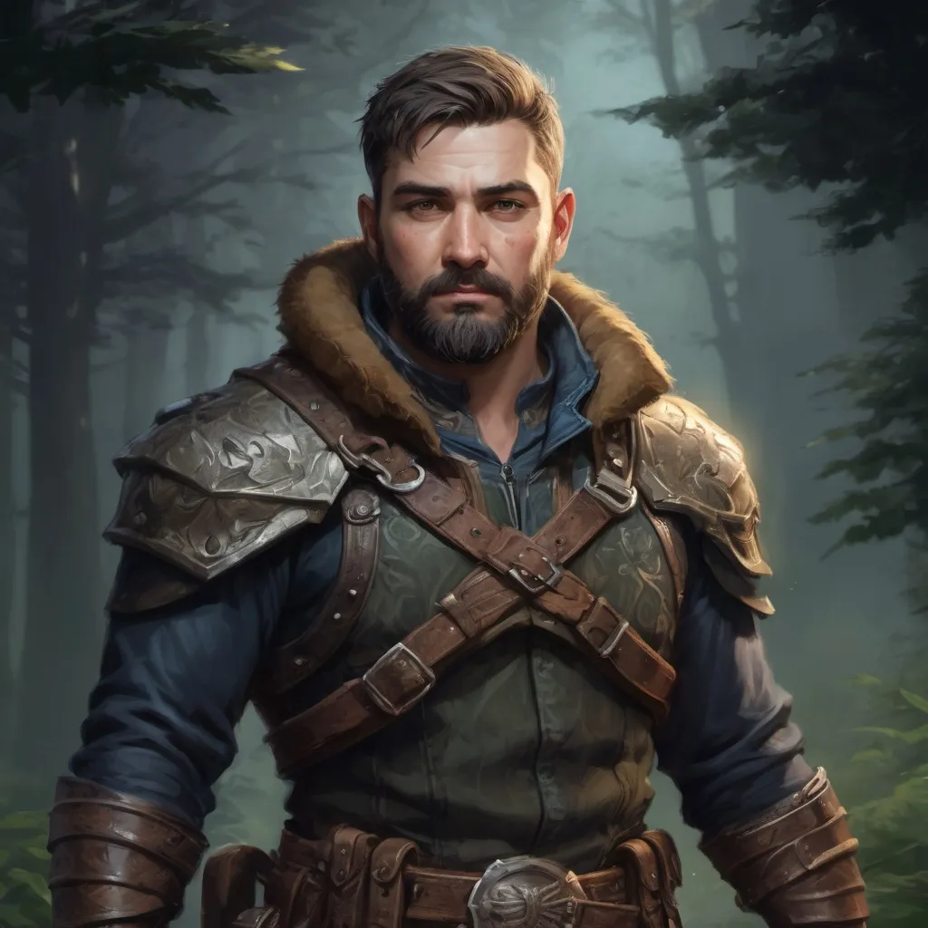 Prompt: Male stocky heavy-set mature fantasy-ranger with short-cut hair and beard, outside of fantasy forest at night, pathfinder, d&d setting, in a realistic high quality digital art style, enhanced shadow quality