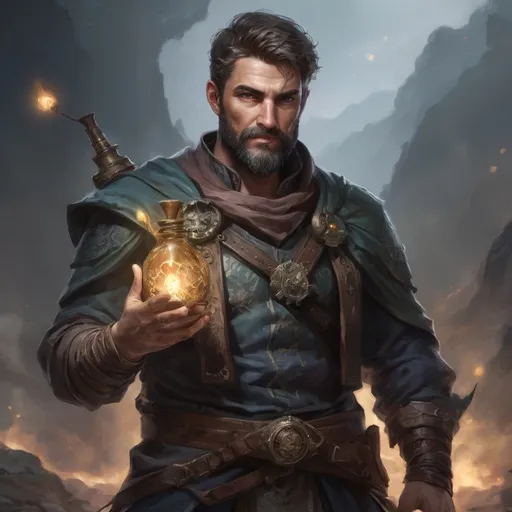 Prompt: Male stocky greek stocky fit mature arcane-alchemist with short-cut hair and beard, on a battlefield, in combat, holding a magic-potion, pathfinder, d&d setting, realistic high quality, enhanced shadow quality