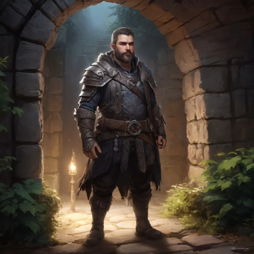 Prompt: (Full body) male stocky heavy-set magical raider with short hair and beard, outside of a dungeon entrance in nature at night, pathfinder, d&d setting, in a realistic high quality digital art style, enhanced shadow and light