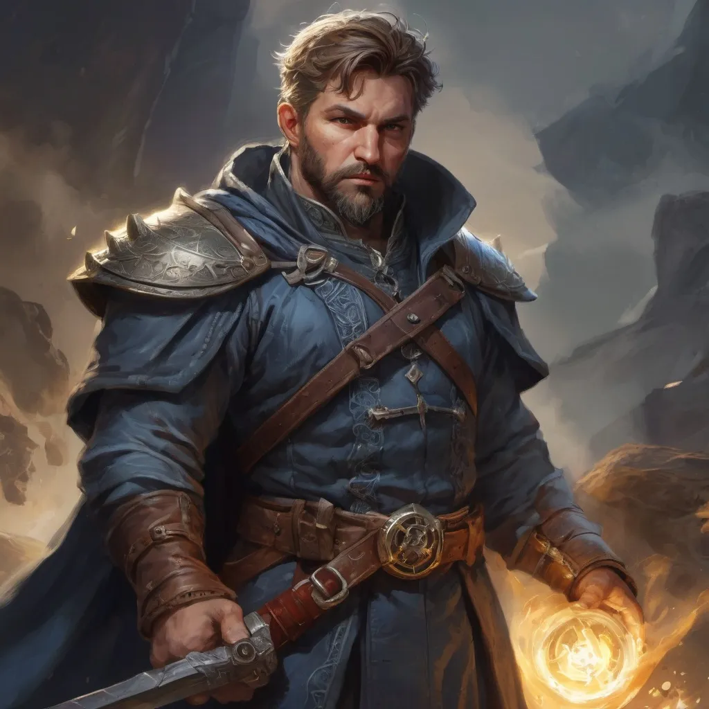 Prompt: (torso) Male stocky large mature fit battle-mage with short-cut hair and beard, engaged in combat casting a light-spell  nature, pathfinder, d&d setting, realistic, enhanced shadow quality