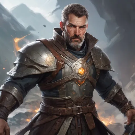 Prompt: Male stocky  mature illutionist with short-cut hair and beard, on a battlefield, in combat, casting a bright-spell, pathfinder, d&d setting