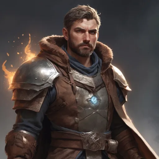 Prompt: (torso) Male stocky large mature fit battle-mage with short-cut hair and beard, engaged in combat casting a light-spell  nature, pathfinder, d&d setting, realistic, enhanced shadow quality
