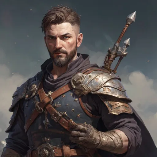 Prompt: (torso) Male heavy-set mature fit magical bard with short-cut hair and beard, holding fantasy-weapon , in a windy battlefield, pathfinder, d&d setting, enhanced shadow quality