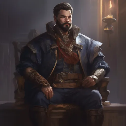 Prompt: (Full body) male stocky young royal noble with short-cut hair and beard, in a dark room, pathfinder, d&d setting, in a realistic digital art style