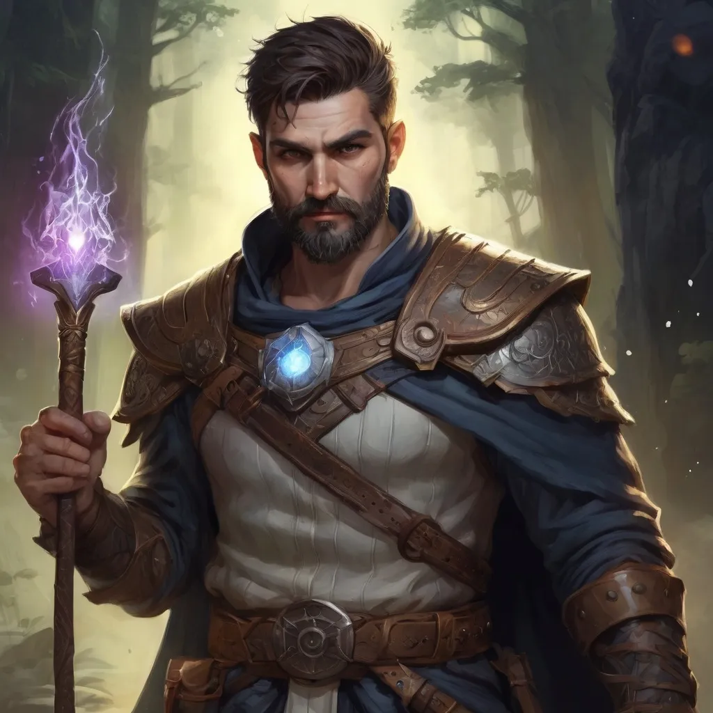Prompt: (torso) Male stocky mature magical druid with short-cut hair and beard, on a battlefield at night, in combat, holding a magic weapon, bright aura, pathfinder, d&d setting, in a realistic high quality digital art style, enhanced shadow quality
