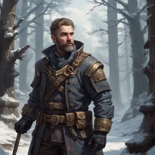 Prompt: Male stocky mature noble marksman, with short hair and beard, standing on an old temple in a winter forest, pathfinder, d&d setting, in a realistic high quality digital art style, enhanced shadow quality, colorful