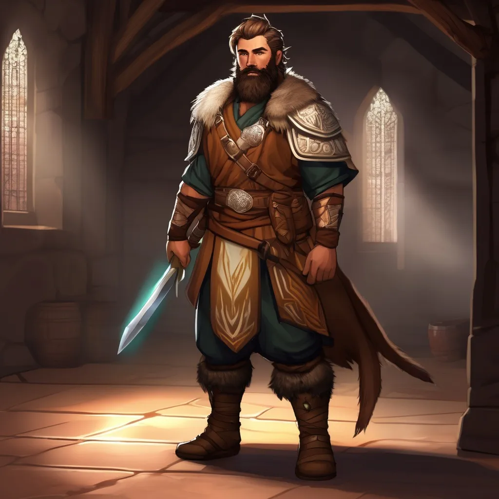 Prompt: (Full body) male stocky fuzzy hairy-chested druid fighter with short hair and beard, open shirt, in a dark hall, pathfinder, d&d setting, in a realistic digital art style