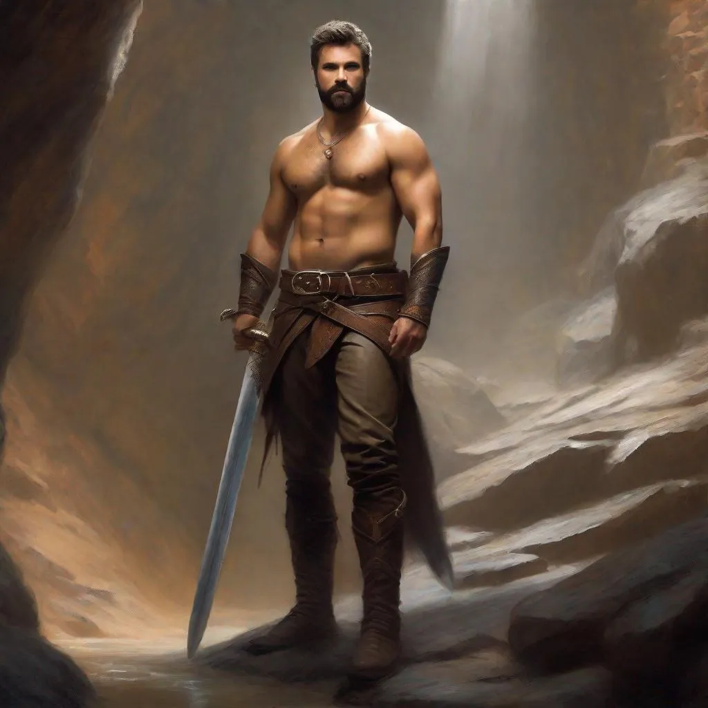 Prompt: (Full body) a warrior with very hairy chest with short beard  grey short-cut hair no shirt on, belt, boots, leather pants, holding a sword, standing in a dark cavern, fantasy setting, dungeons & dragons, in a painted style realistic art