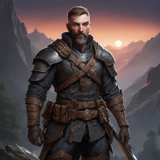 Prompt: (head and torso) Male heavy-set mature fantasy-ranger with short-cut hair and beard, holding weapon, in a mountain valley at night, in combat, pathfinder, d&d setting, in a realistic high quality digital art style, enhanced shadow quality
