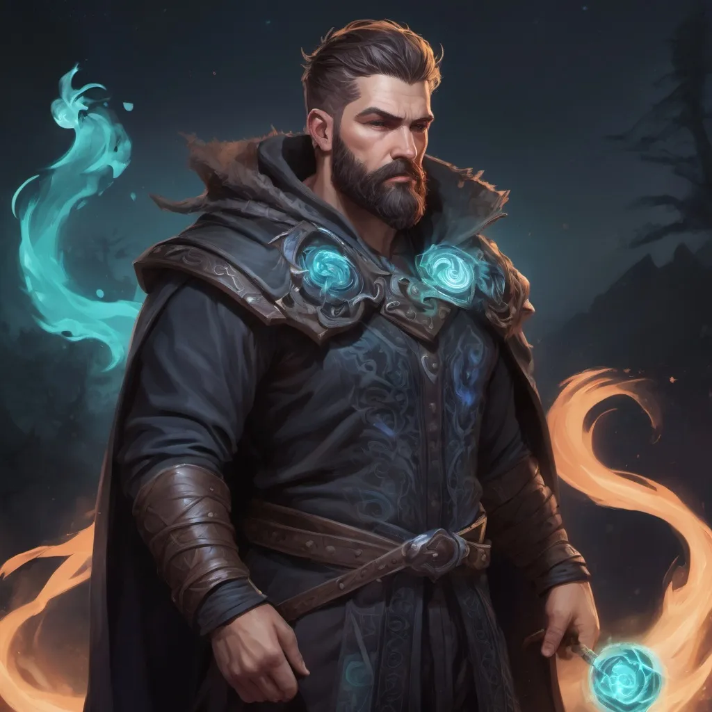 Prompt: (Full body) male stocky heavy-set 
warlock with short hair and beard, hairy chest, casting swirly bright spell, in nature at night, pathfinder, d&d setting, in a realistic high quality digital art style