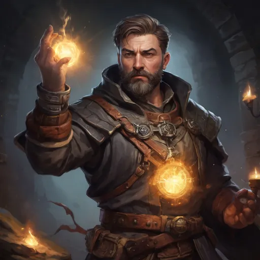 Prompt: (head and torso) Male stocky large mature alchemist with short-cut brown hair and beard, engaged in combat casting a light spell inside of a dark dungeon, pathfinder, d&d setting, in a realistic high quality digital art style, enhanced shadow quality