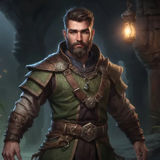 Prompt: Male stocky heavy-set fantasy-druid with short-cut hair and beard, outside of fantasy dungeon at night, pathfinder, d&d setting, in a realistic high quality digital art style, enhanced shadow quality