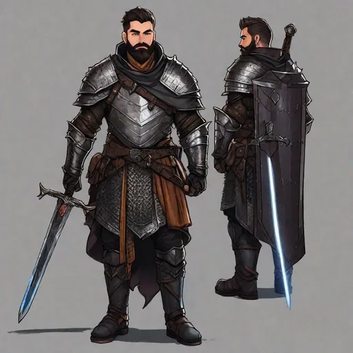 Prompt: (Full body) handsome vivisectionist glowing eyes with short cut hair beard, manly face, dark chain mail armor, holding a sword, pathfinder, dungeons and dragons, in a dark back street, sneaking, in a painted style, realistic