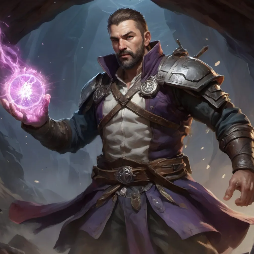 Prompt: (Torso) Male stocky large fit 35-year old summoner with short-cut hair and beard, engaged in combat casting a light-spell inside of a magic cave, in movement, pathfinder, d&d setting, realistic, enhanced shadow quality, colorful