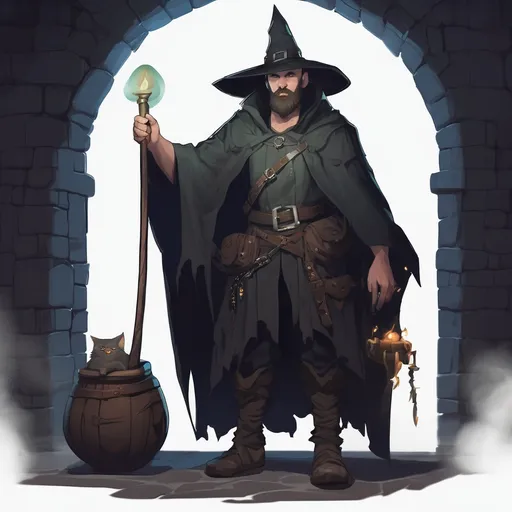 Prompt: (Full body) male witch with short hair and beard, in a dungeon at night, pathfinder, d&d setting, in a realistic digital art style