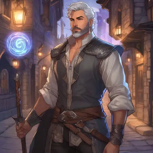 Prompt: (Full body) A male short-haired archer with open shirt hairy chest and short beard grey hair, glowing magic, fantasy weapon, shirt with details, manly, pathfinder, dungeons and dragons fantasy setting, night time in a town street, in a painted style, realistic