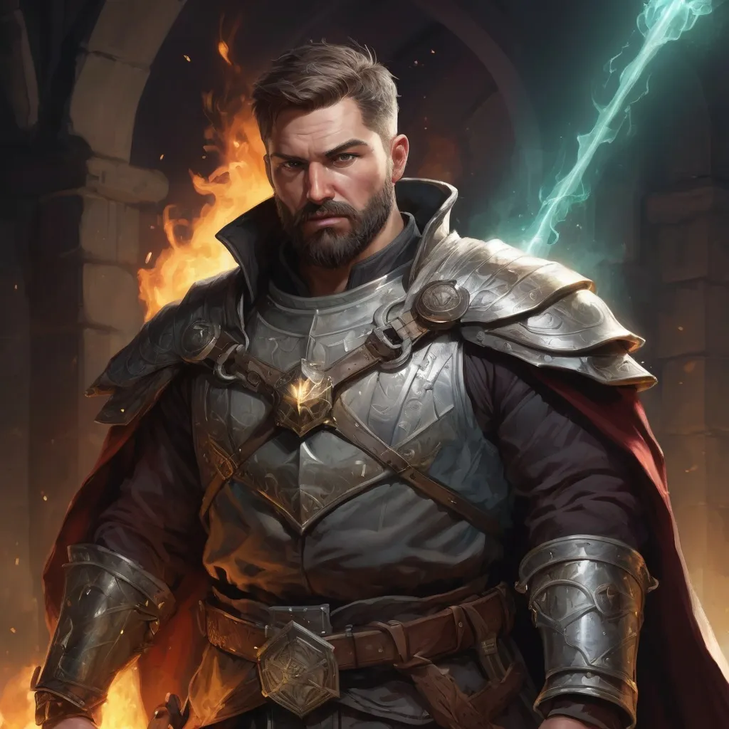 Prompt: (torso) Male stocky large mature cleric with short-cut hair and beard, engaged in combat casting a prismatic-spell inside a dungeon, pathfinder, d&d setting, in a realistic high quality digital art style, enhanced shadow quality