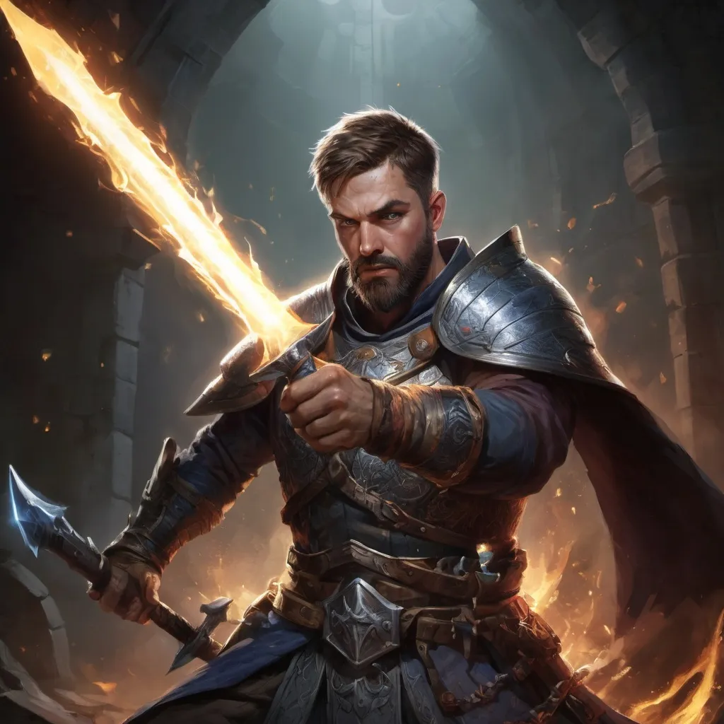 Prompt: Male stocky large battle-mage with short-cut hair and beard, wearing chainmail, engaged in combat casting a brightlight-spell inside of a dark dungeon, pathfinder, d&d setting, in a realistic high quality digital art style, enhanced shadow quality, colorful