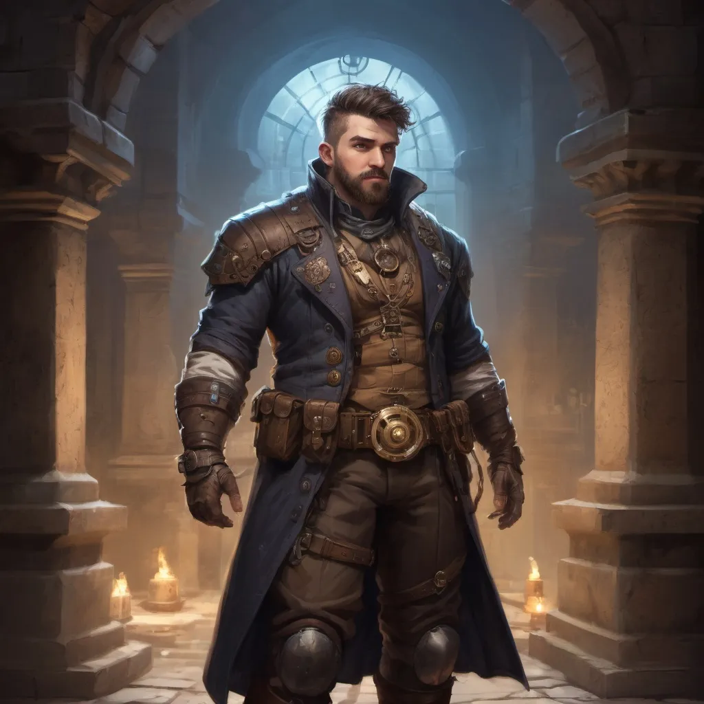 Prompt: Male stocky heavy-set steampunk engineer with short-cut hair and beard, big belly, inside a temple dungeon at night, pathfinder, d&d setting, in a realistic high quality digital art style, enhanced shadow quality