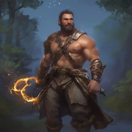 Prompt: (Full body) male stocky ranger with short-cut hair and beard, no shirt on, hairy chest, casting a swirly nature-spell, in nature at night pathfinder, d&d setting, in a realistic digital art style