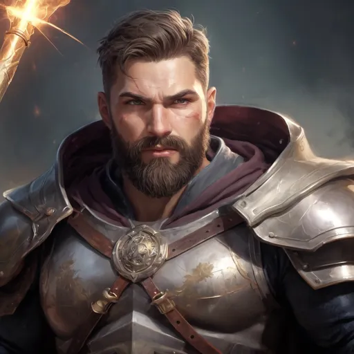 Prompt: (torso) Male stocky manly magical crusader with short-cut hair and beard, on a battlefield, in combat, holding a magic staff, bright aura, pathfinder, d&d setting, in a realistic high quality digital art style, enhanced shadow quality