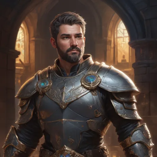 Prompt: (Torso) Male stocky large mature holy-paladin with short-cut hair and beard, in a dark castle, surrounded by bright magic, pathfinder, d&d setting, in a realistic high quality digital art style, enhanced shadow quality, colorful