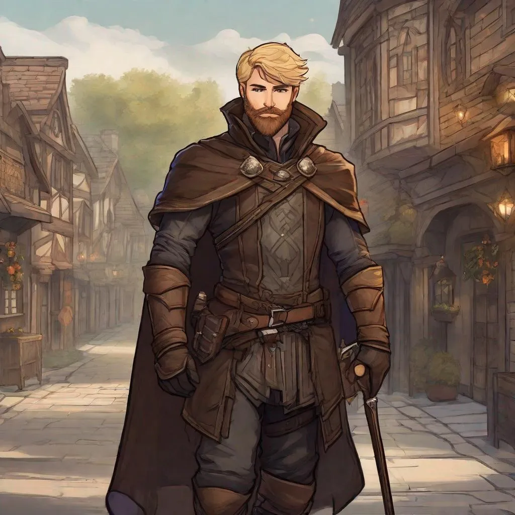 Prompt: (Full-body) A handsome hairy male ranger with short blonde hair and short beard, magic bow in one hand, dark leather armor with wooden details, brown cloak, boots, dark street in a town, in a shaded painted style