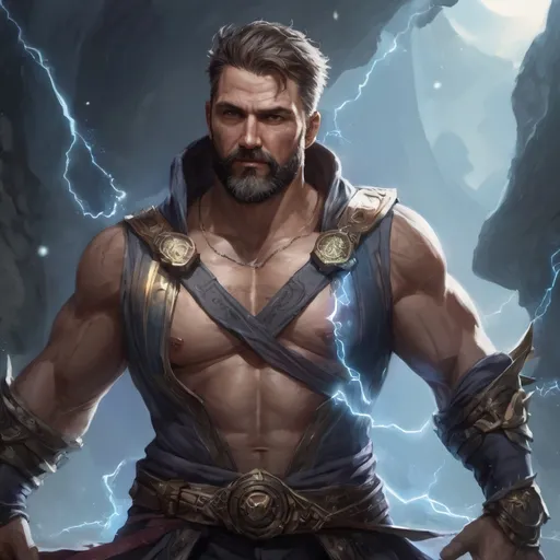 Prompt: (torso) Male stocky large fit 37-year old eidolon-summoner with short-cut hair and beard, casting a magic-ray out of hands in a windy path, pathfinder, d&d setting, in a realistic high quality digital art style, enhanced shadow quality, colorful