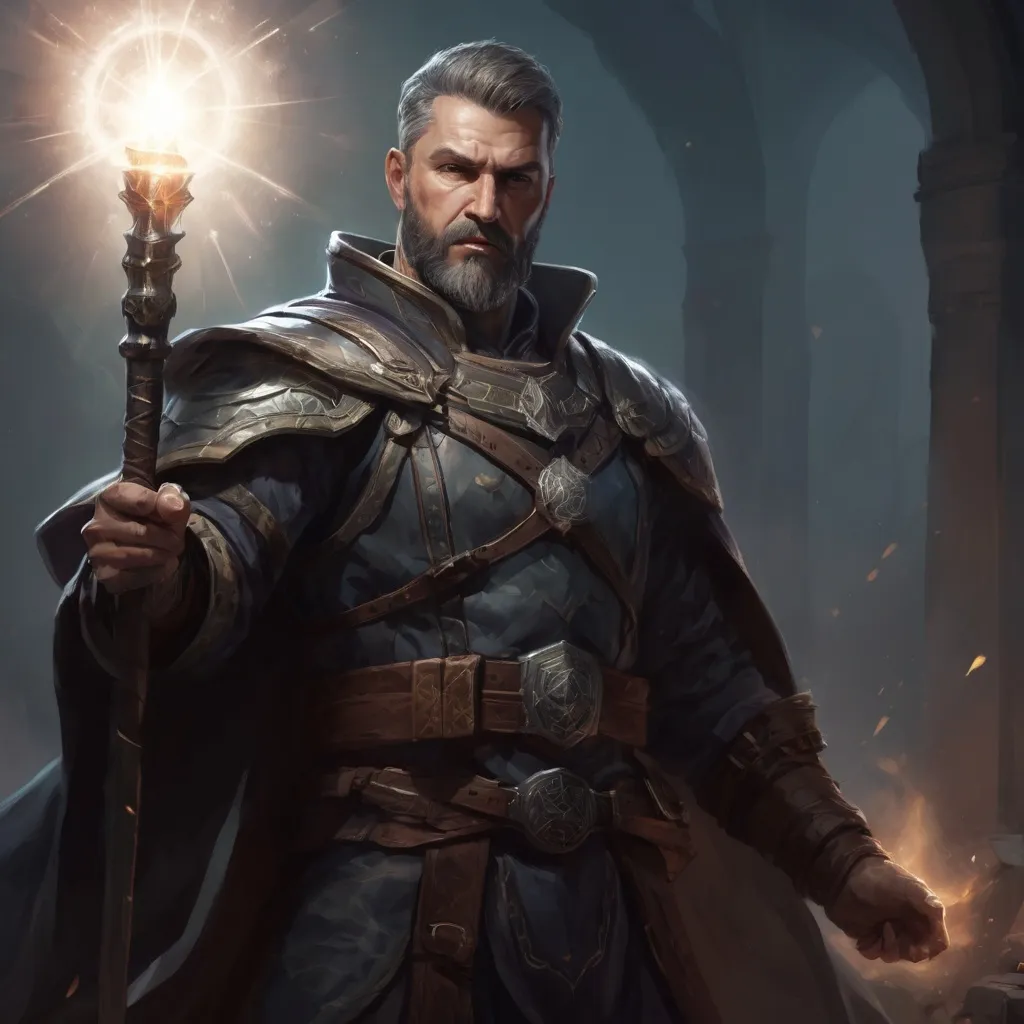 Prompt: Male stocky large mature fit battle-mage with short-cut hair and beard, engaged in combat casting a light spell in a dark room, pathfinder, d&d setting, realistic high quality, enhanced shadow quality