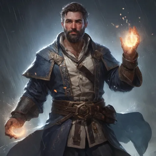 Prompt: Male stocky heavy-set large fit cleric with short-cut hair and beard,open shirt, casting a healing-spell out of hands, on a battlefield in the rain, pathfinder, d&d setting, in a realistic high quality digital art style, enhanced shadow quality